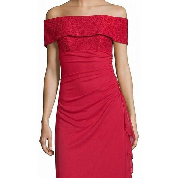 Betsy & Adam Ruched Off the Shoulder Gown Dress Red Size 6 - Picture 5 of 12